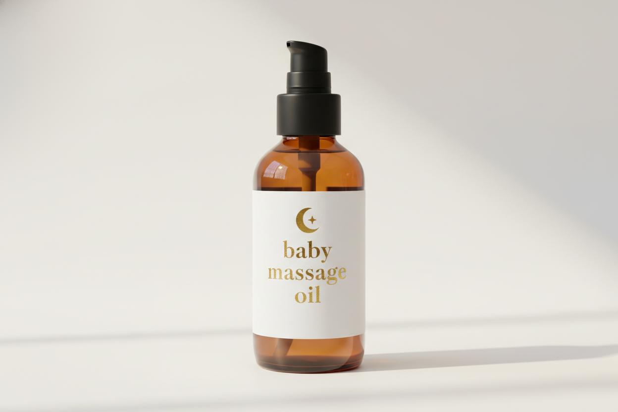 100ml amber glass bottle with white label and gold letters baby massage oil black lid pump top