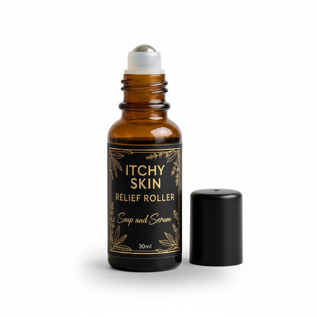 Brown roller bottle labeled 'Itchy Skin Relief Roller' with yellow flowers and green leaves on a beige background
