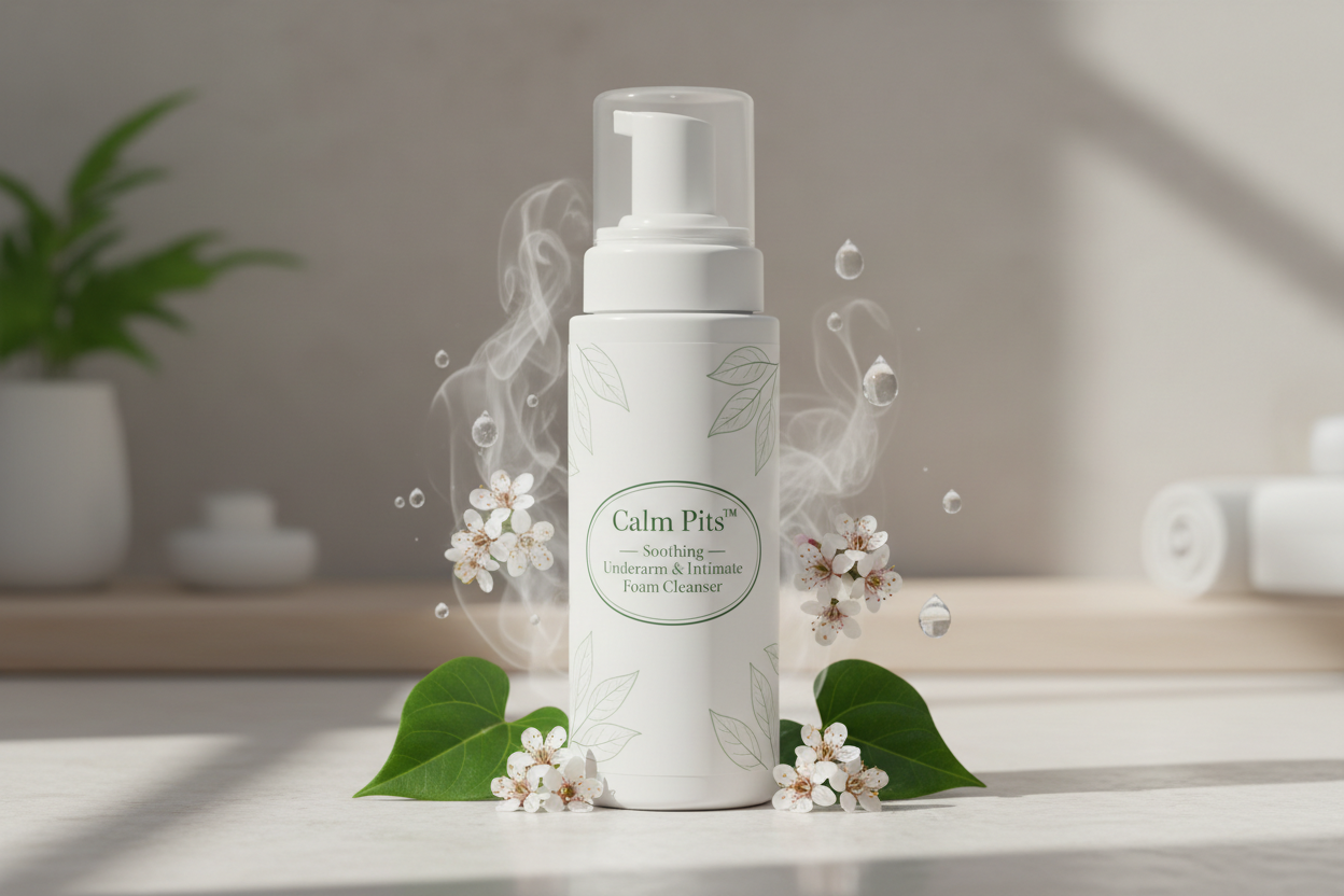 A premium foaming cleanser bottle with a white matte finish and subtle green botanical accents. Label reads ‘Calm Pits™ – Soothing Underarm & Intimate Foam Cleanser’. Scene includes kawakawa leaves, mānuka blossoms, lavender hydrosol droplets, and soft steam-like freshness. Soft diffused daylight, gentle shadows, minimalistic composition, natural New Zealand skincare branding, airy spa aesthetic, high-resolution product photography