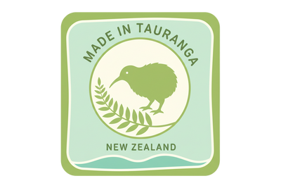 Create a Made In Tauranga square vector image light green New Zealand with. A Kiwi and Leaf to show all natural eco friendly image 
