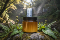 Large Kawakawa balm jar amber with black lid golden cream balm no bits in new zealand bush waterfall setting