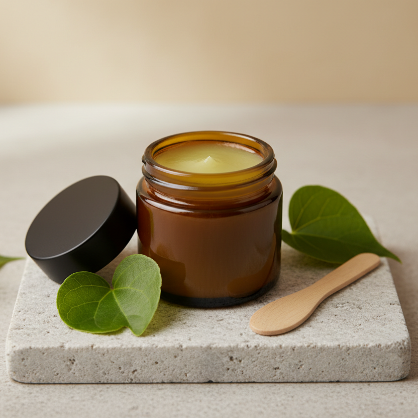 Square image, minimalist product photo of a 60ml clear glass jar with a black lid containing light yellow golden green kawakawa balm, amber jar opened to show smooth balm surface, surrounded by fresh kawakawa leaves on a light stone surface with a small wooden spatula nearby, warm neutral background, soft natural daylight, clean holistic apothecary style, no people, no text.