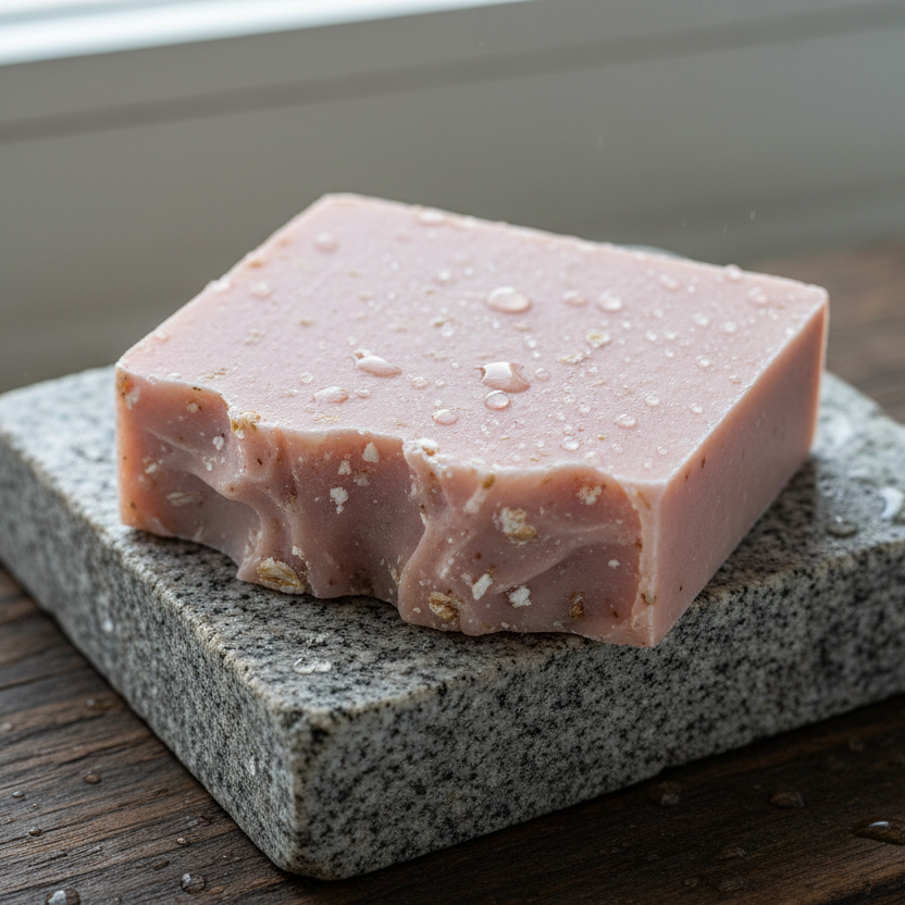 Square image. Natural shea soap with pink clay and slight texture from rice flour and colloidal oats, textured waves on one side imperfect. Resting on stone block with darker board and water drops like bathroom setting